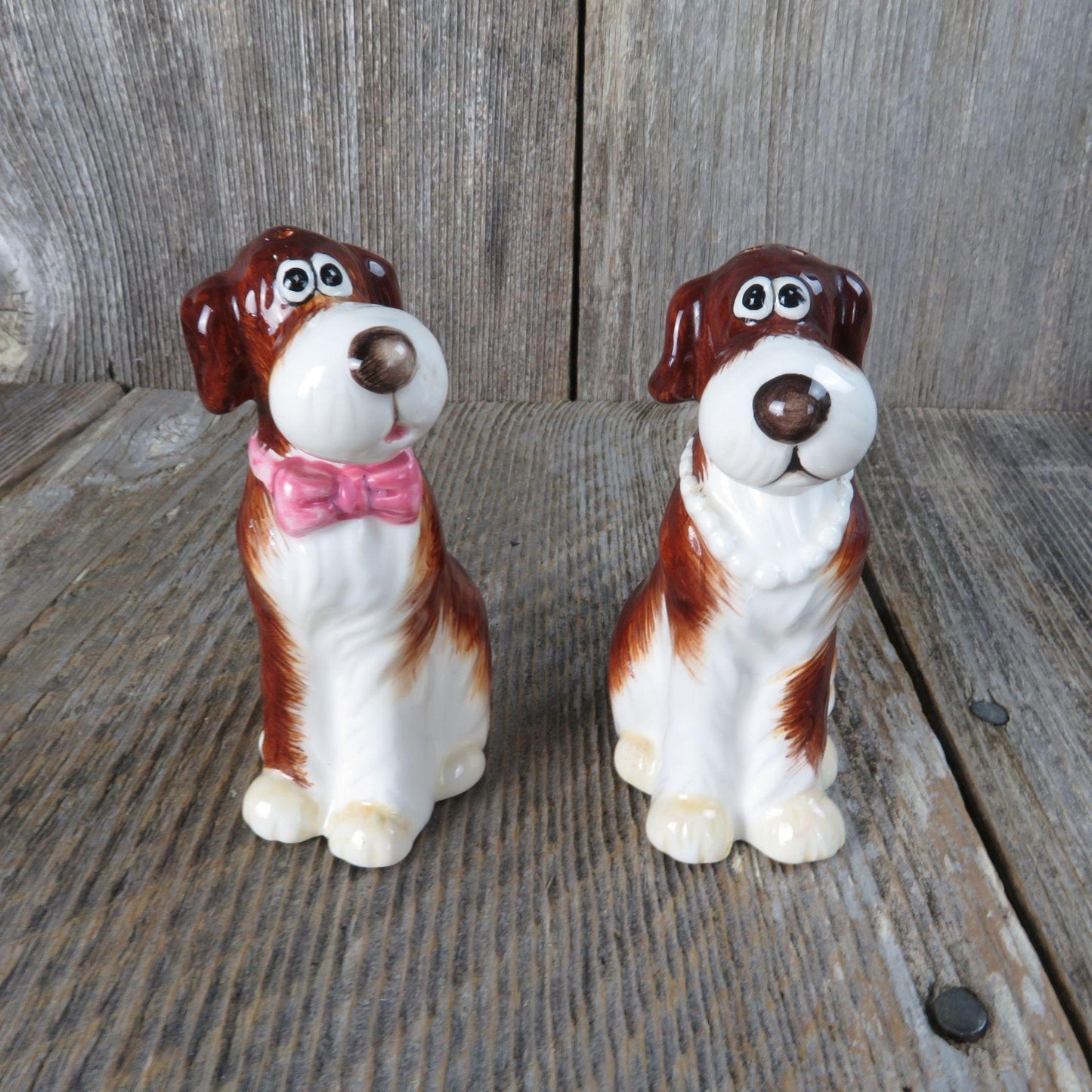 Vintage Dog Salt Pepper Shaker Whimsical Boy Girl Mr & Mrs Brown White Pearls Bow Tie