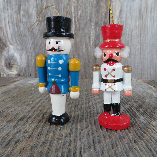 Vintage Toy Soldier Nut Cracker Wooden Ornament Set Christmas Wood Red Blue White