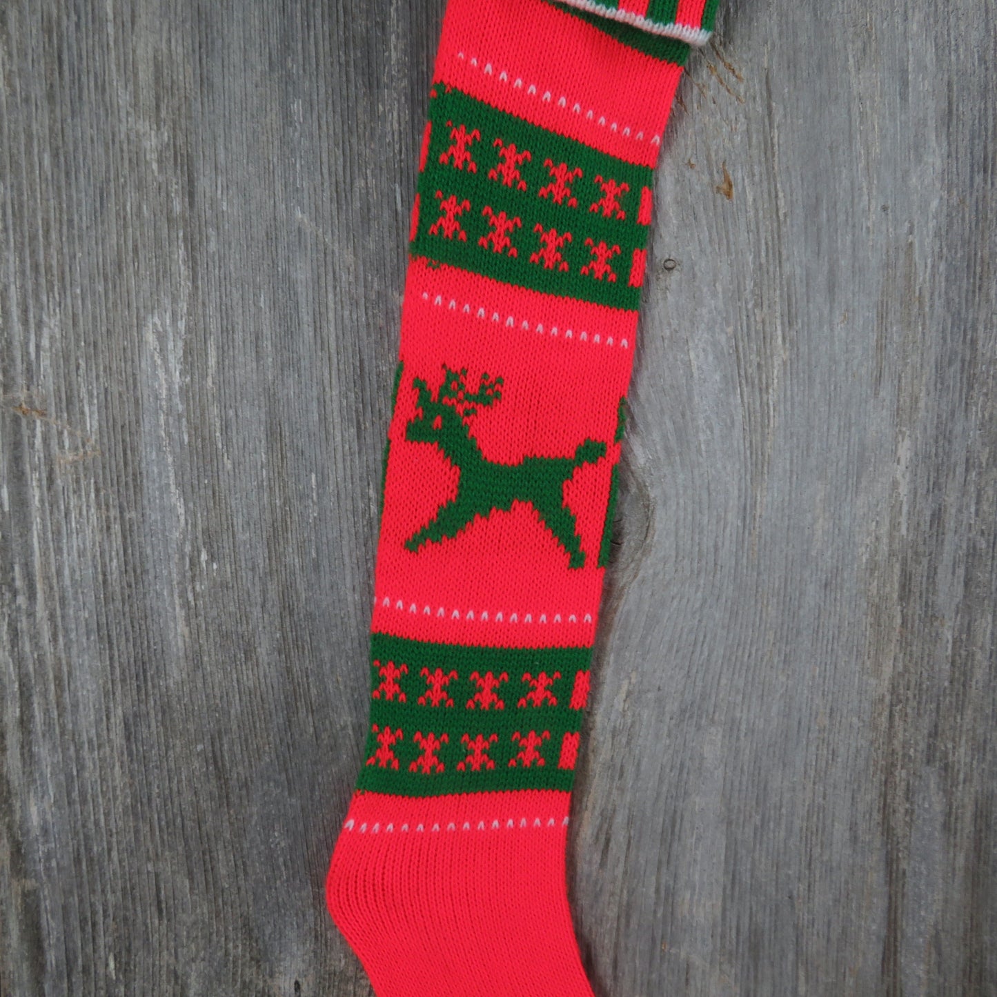 Vintage Knit Reindeer Stocking Kurt Adler Christmas Reindeer Star Snowflake Stripes Orange Red Green 1979