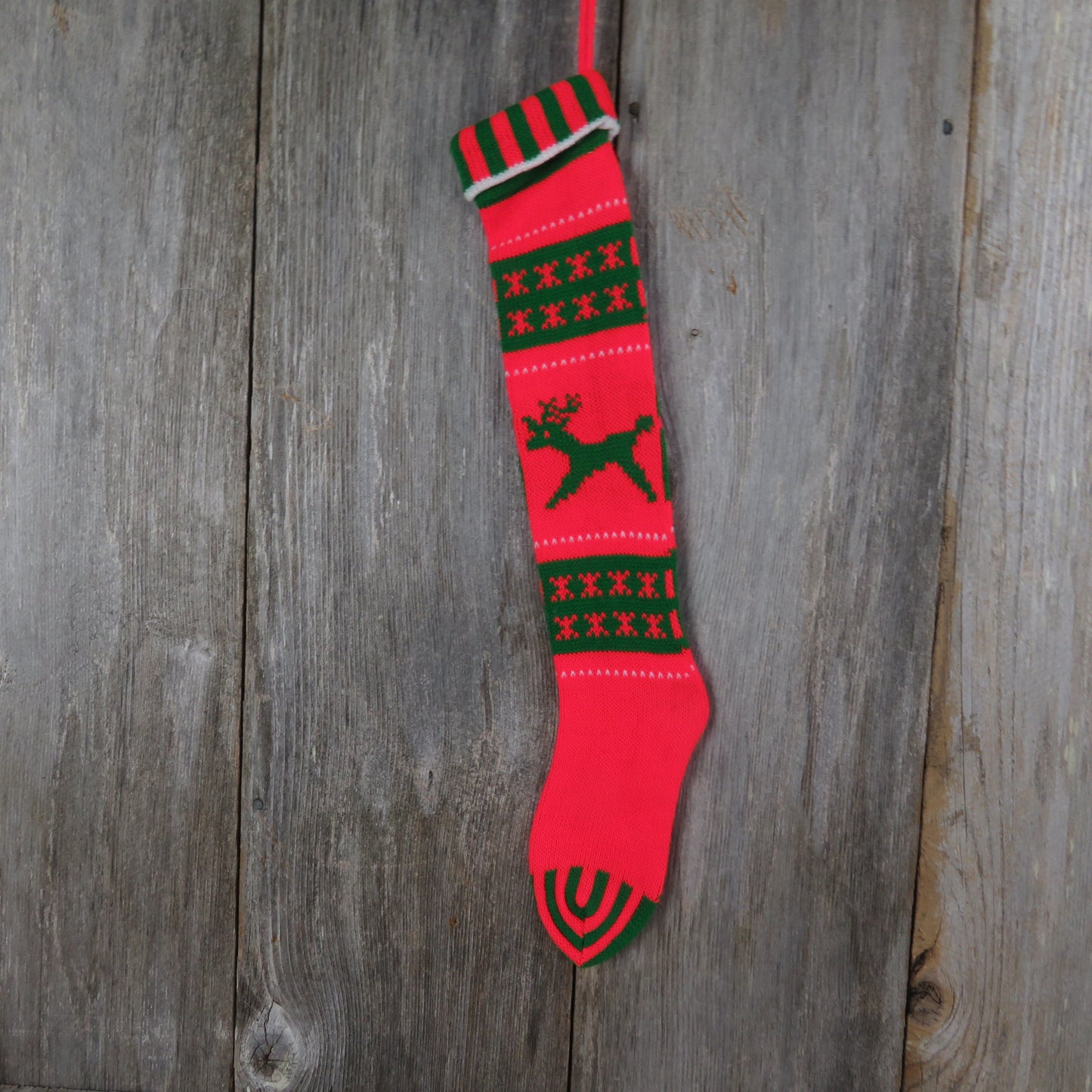 Vintage Knit Reindeer Stocking Kurt Adler Christmas Reindeer Star Snowflake Stripes Orange Red Green 1979