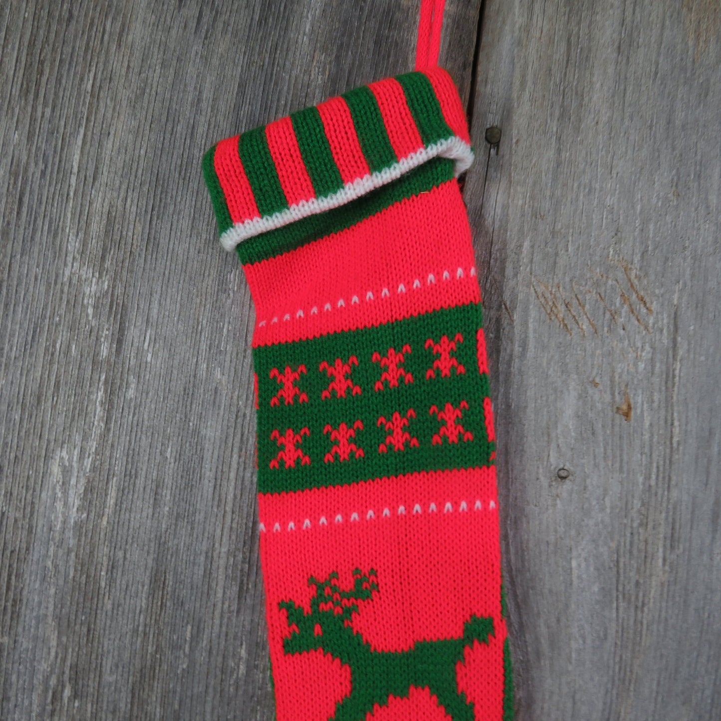 Vintage Knit Reindeer Stocking Kurt Adler Christmas Reindeer Star Snowflake Stripes Orange Red Green 1979