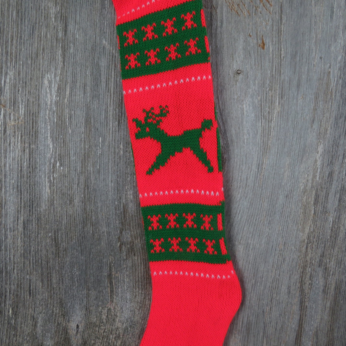 Vintage Knit Reindeer Stocking Kurt Adler Christmas Reindeer Star Snowflake Stripes Orange Red Green 1979