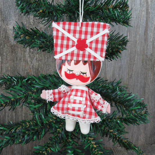 Vintage Gingham Drum Major Christmas Ornament Band Leader Velvet Flocked Red White Plaid Fabric Painted Face Made in Japan