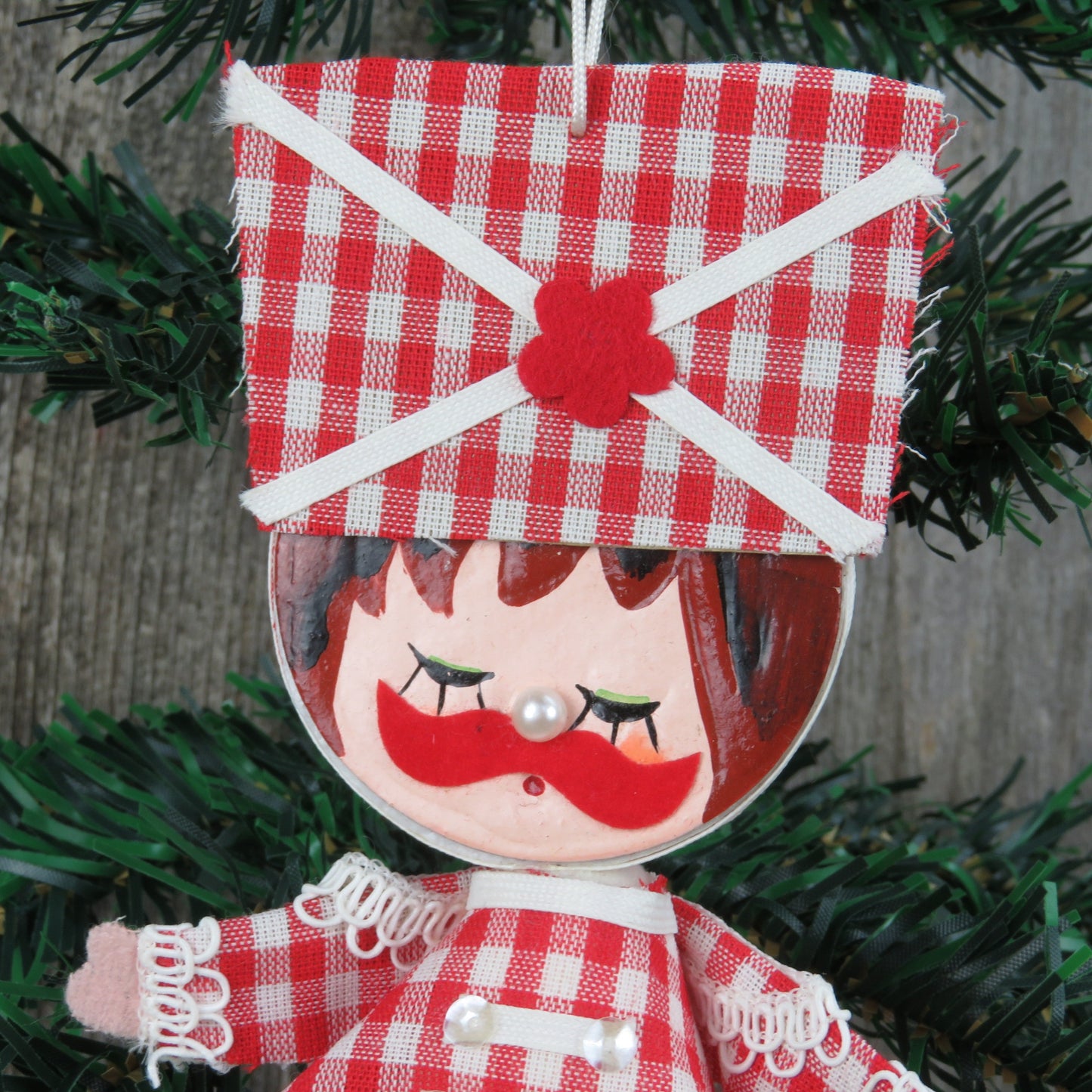 Vintage Gingham Drum Major Christmas Ornament Band Leader Velvet Flocked Red White Plaid Fabric Painted Face Made in Japan