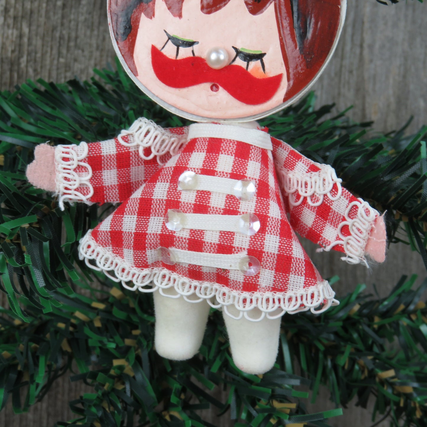 Vintage Gingham Drum Major Christmas Ornament Band Leader Velvet Flocked Red White Plaid Fabric Painted Face Made in Japan