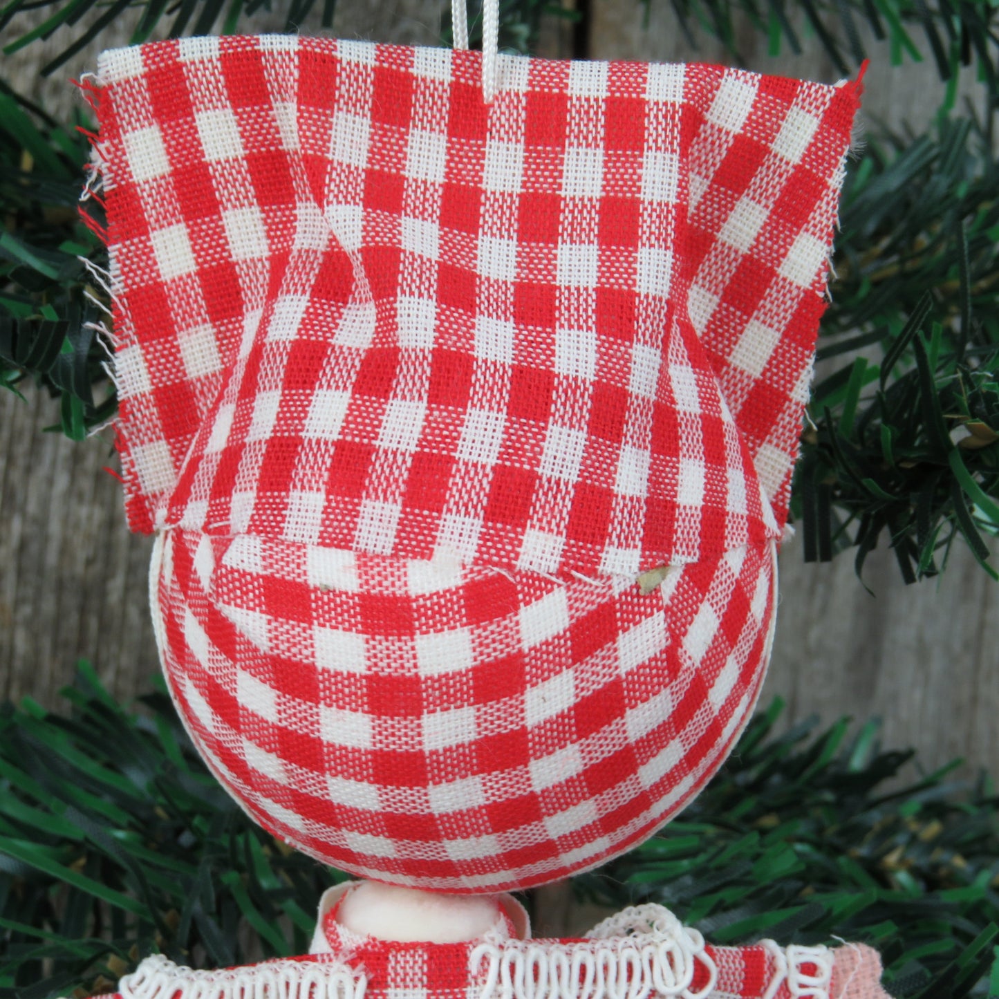 Vintage Gingham Drum Major Christmas Ornament Band Leader Velvet Flocked Red White Plaid Fabric Painted Face Made in Japan