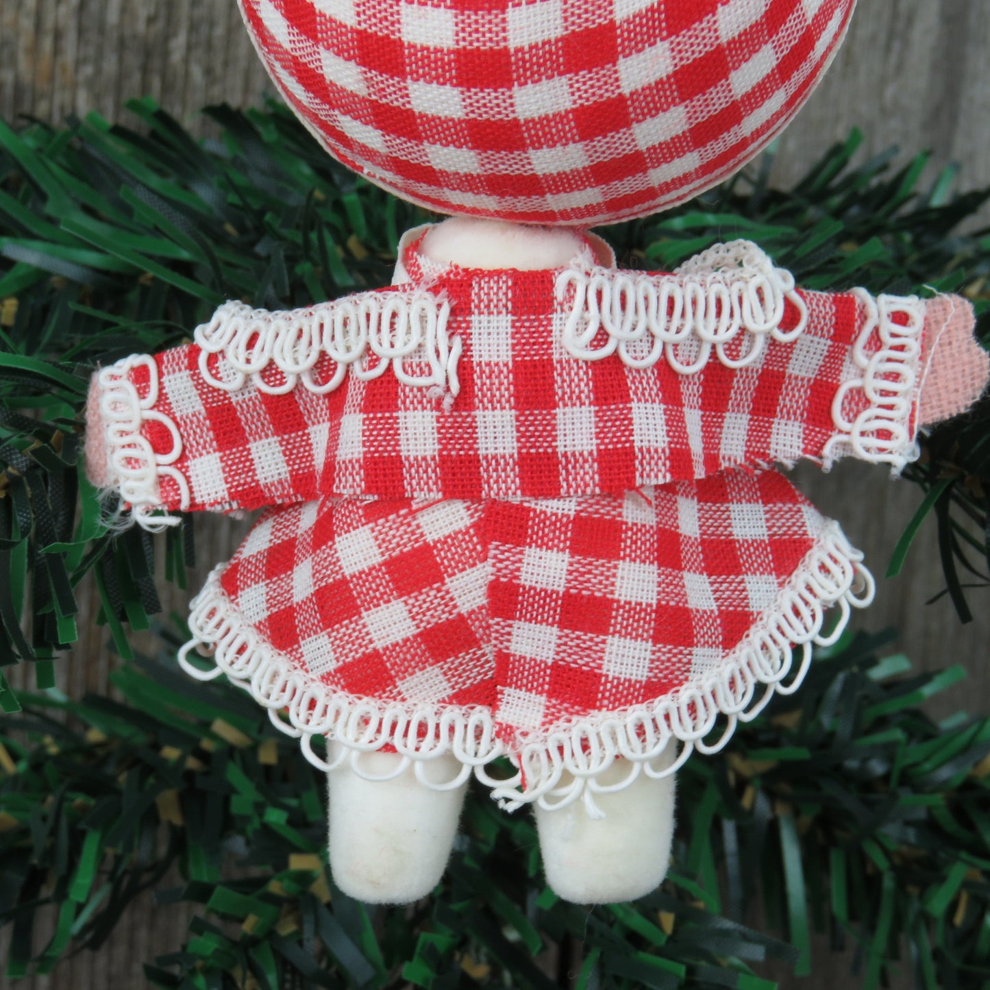 Vintage Gingham Drum Major Christmas Ornament Band Leader Velvet Flocked Red White Plaid Fabric Painted Face Made in Japan