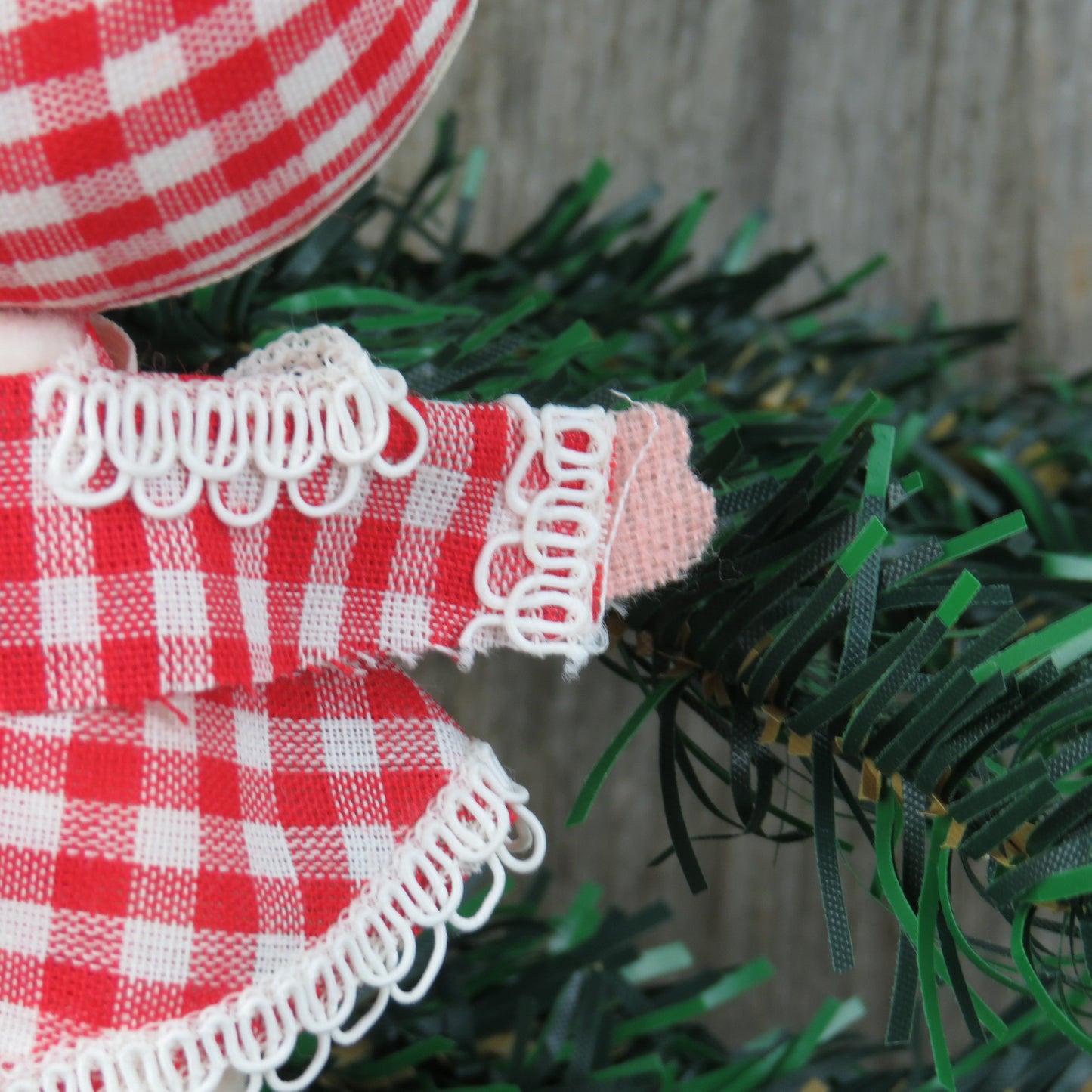 Vintage Gingham Drum Major Christmas Ornament Band Leader Velvet Flocked Red White Plaid Fabric Painted Face Made in Japan