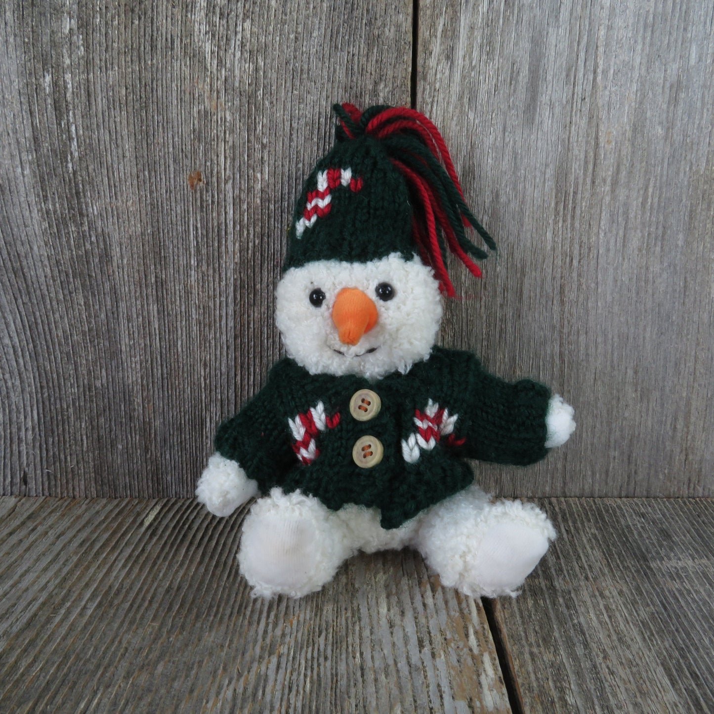 Vintage Snowman Plush Ornament Winter Sweater Hat Stuffed Animal Green Hugfun 2000