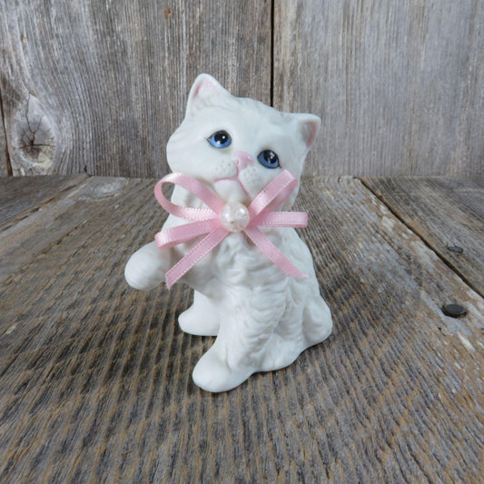 Vintage Cat White Persian Figurine Pink Ribbon Bead Homco Kitten Kitty # 1413 Taiwan