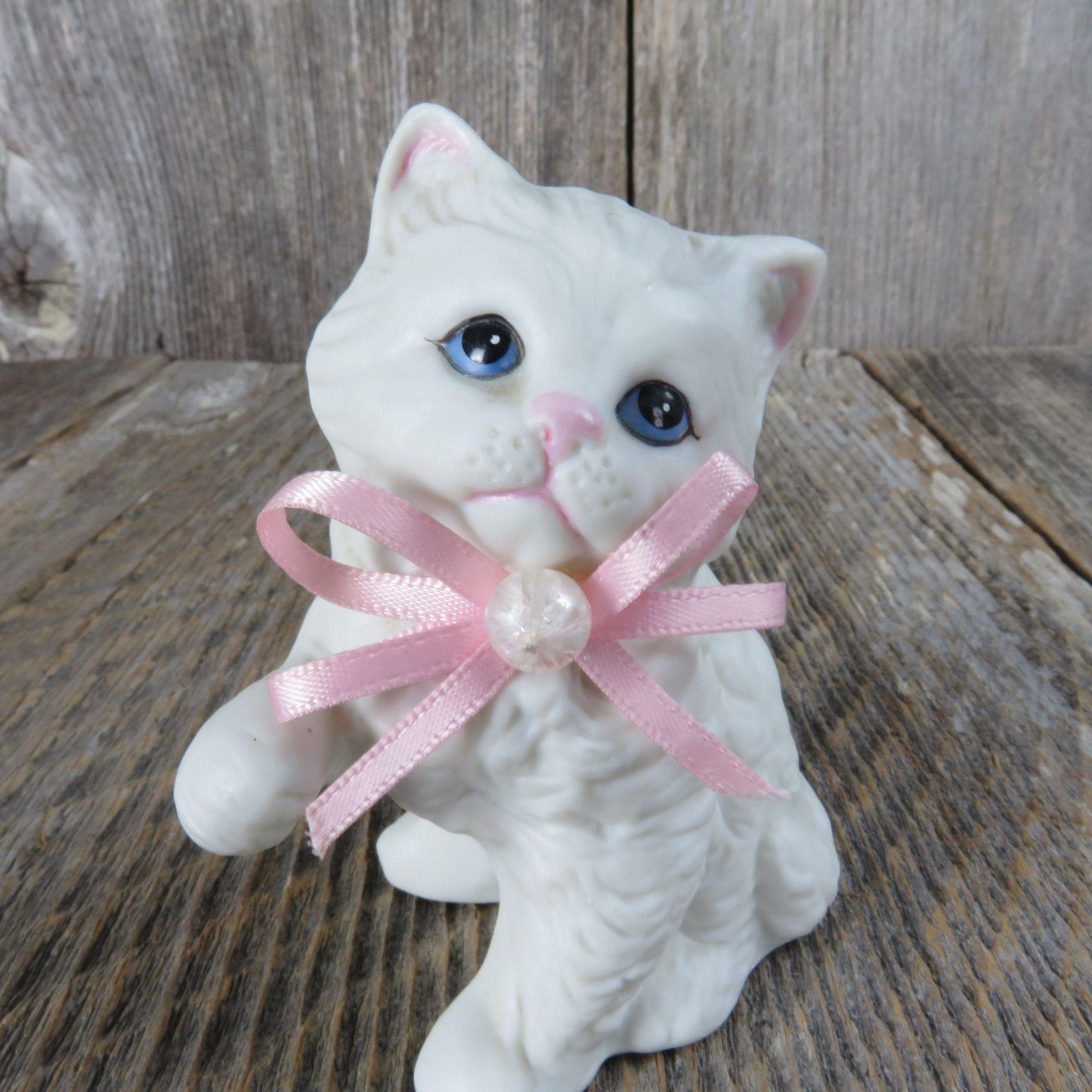Vintage Cat White Persian Figurine Pink Ribbon Bead Homco Kitten Kitty # 1413 Taiwan