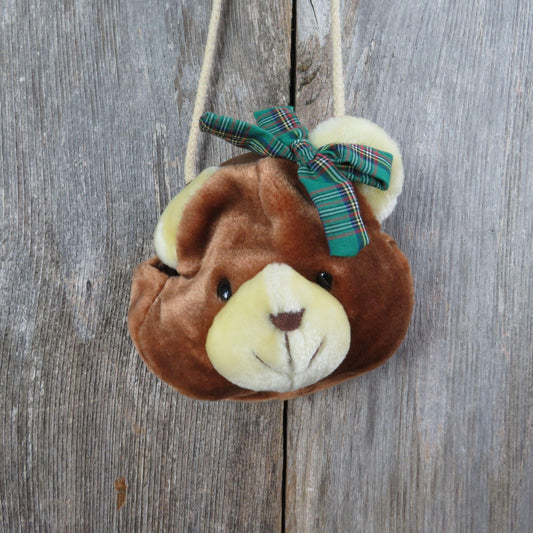 Vintage Teddy Bear Face Purse Plush Green Plaid Bow Child's Shoulder Bag Pocket Book 1996 Confetti Bag Bazaar stuffed Animal