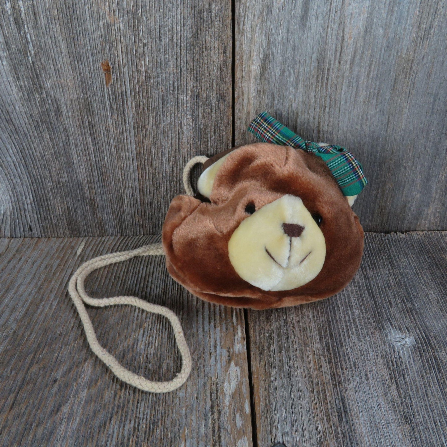 Vintage Teddy Bear Face Purse Plush Green Plaid Bow Child's Shoulder Bag Pocket Book 1996 Confetti Bag Bazaar stuffed Animal