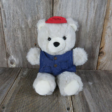 Load image into Gallery viewer, Vintage Teddy Bear Plush Cuddle Bear Denim Vest Red Trucker Hat Teddy Bear Express Trucking American Wego