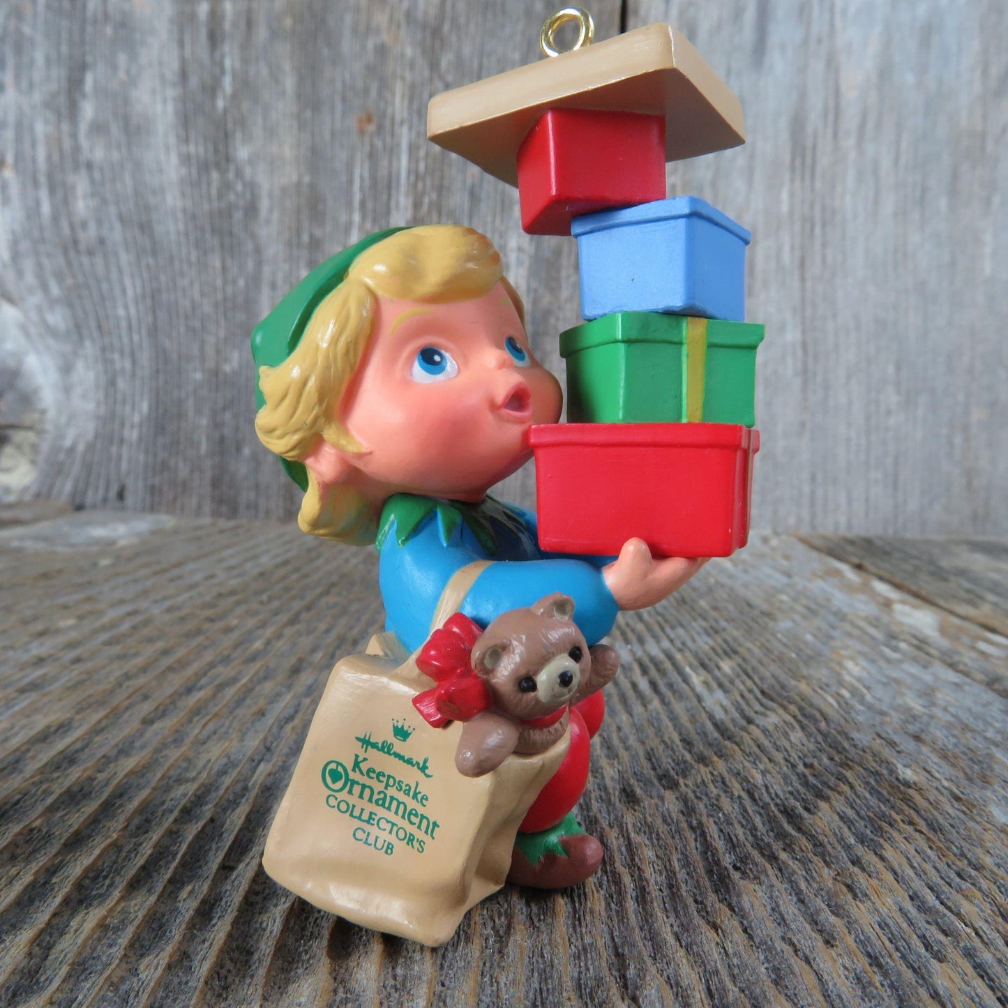 Vintage Armful of Joy Ornament Girl Women Elf With Stack of Gifts  Hallmark 1990 Christmas Collector's Club