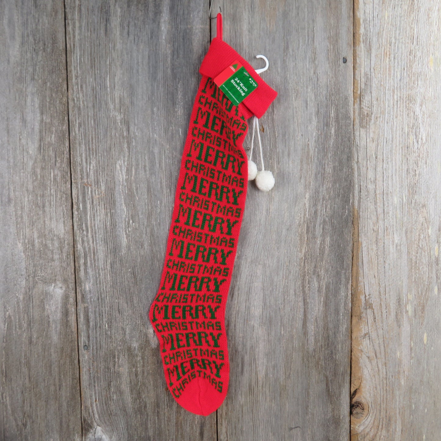 Vintage Merry Christmas Knit Stocking Red Green Pom Pom 1980s