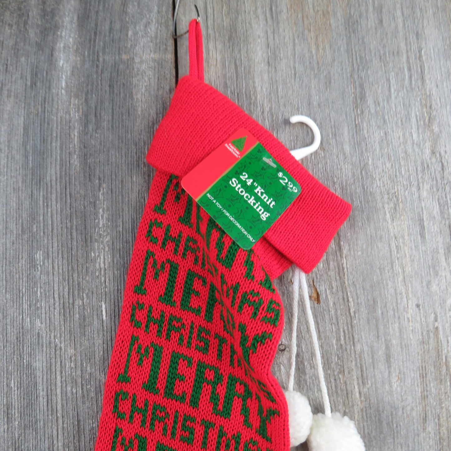 Vintage Merry Christmas Knit Stocking Red Green Pom Pom 1980s