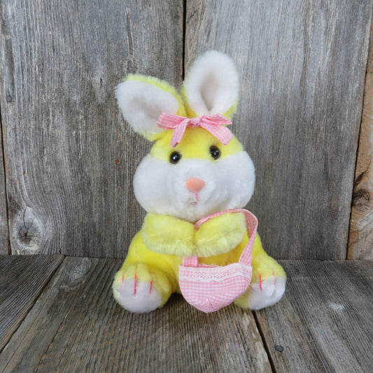 Vintage Yellow Bunny Plush Newman Importing Rabbit Pink Gingham Bow Basket Easter Stuffed Animal Pink Velvet Flocked Nose Made in Korea