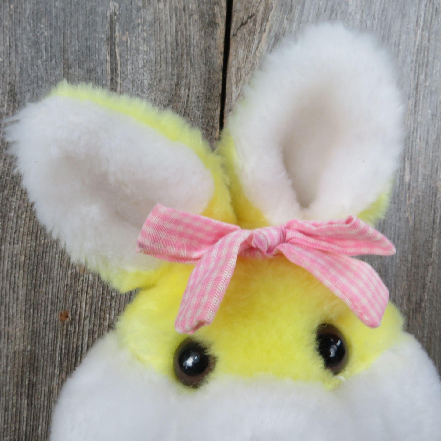 Vintage Yellow Bunny Plush Newman Importing Rabbit Pink Gingham Bow Basket Easter Stuffed Animal Pink Velvet Flocked Nose Made in Korea