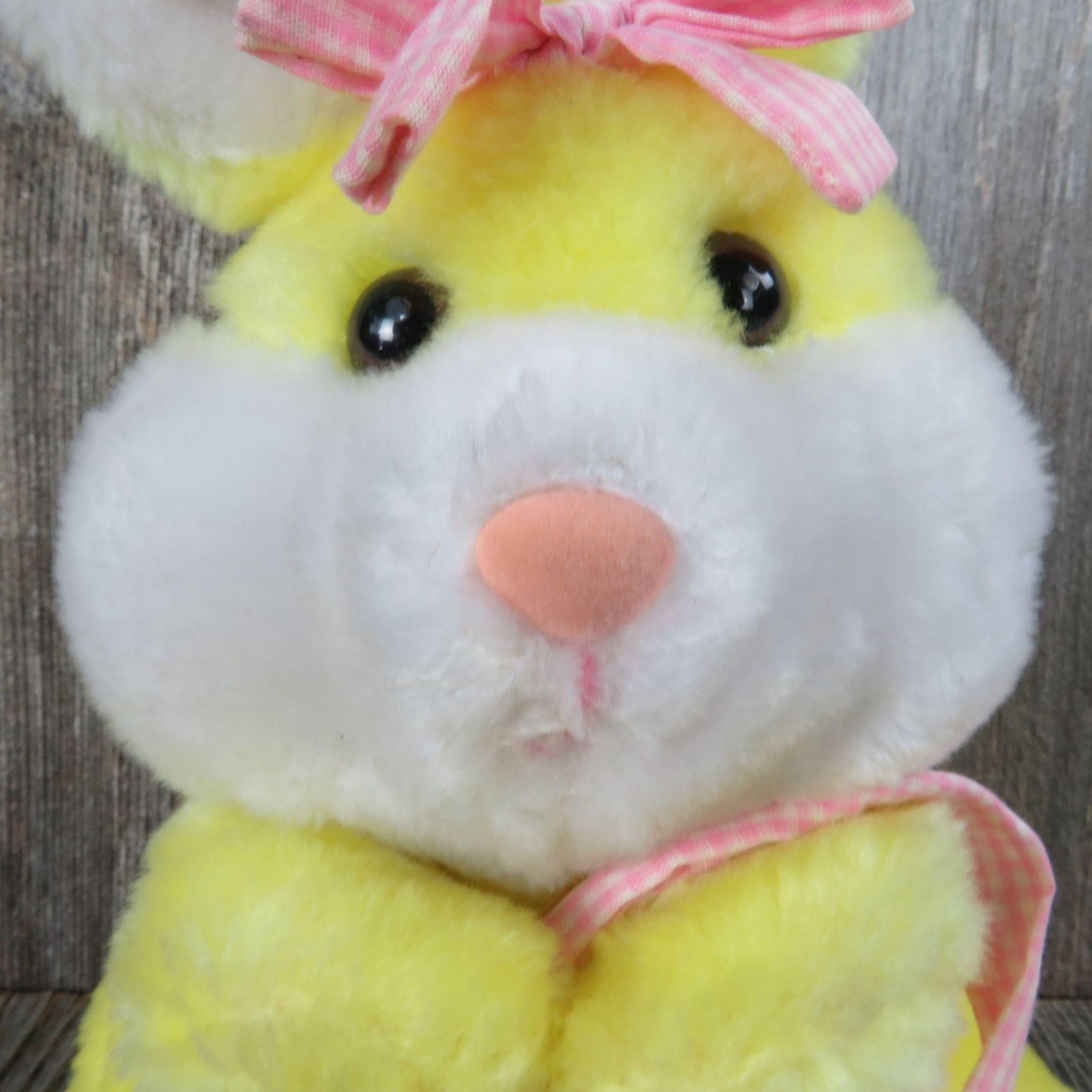 Vintage Yellow Bunny Plush Newman Importing Rabbit Pink Gingham Bow Basket Easter Stuffed Animal Pink Velvet Flocked Nose Made in Korea