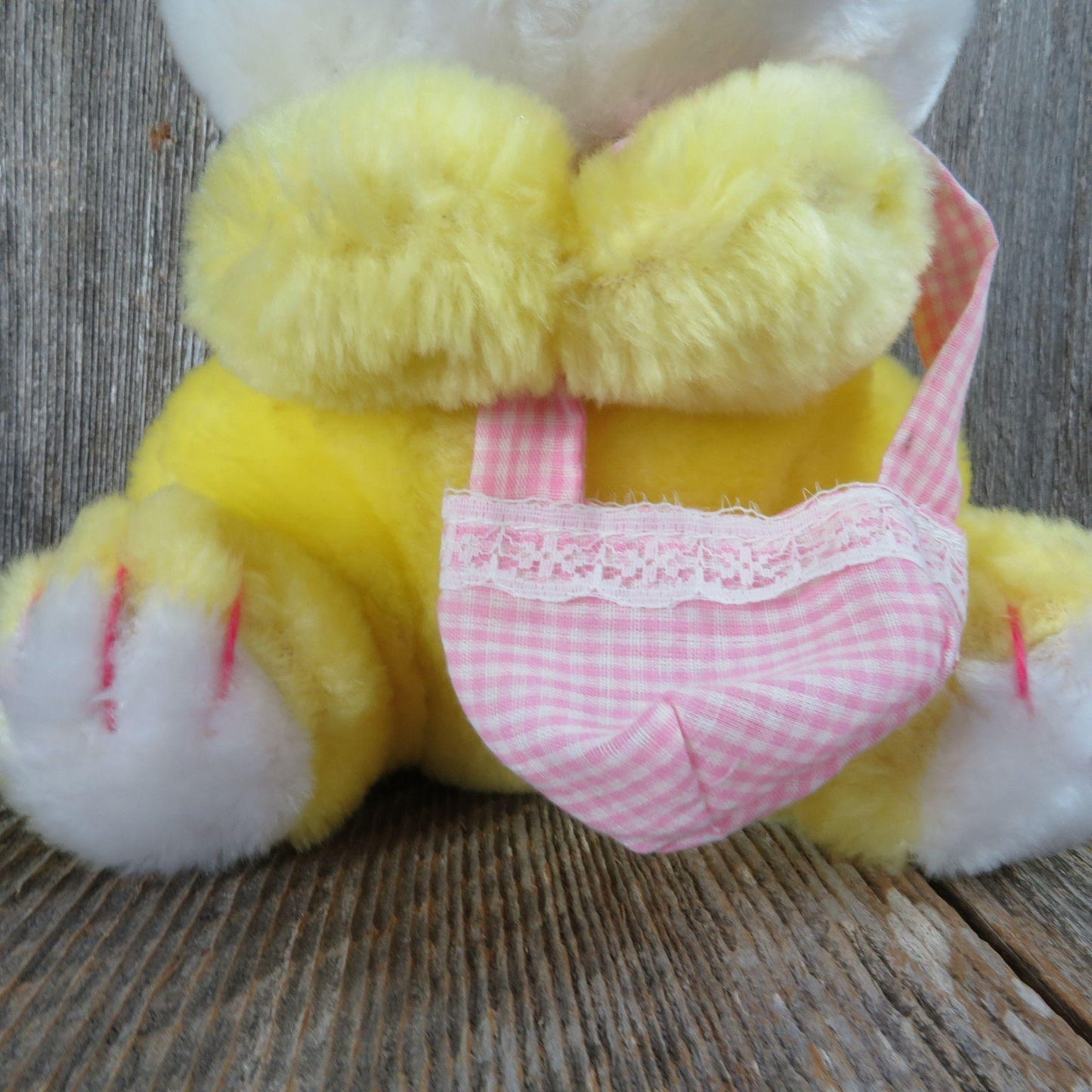 Vintage Yellow Bunny Plush Newman Importing Rabbit Pink Gingham Bow Basket Easter Stuffed Animal Pink Velvet Flocked Nose Made in Korea