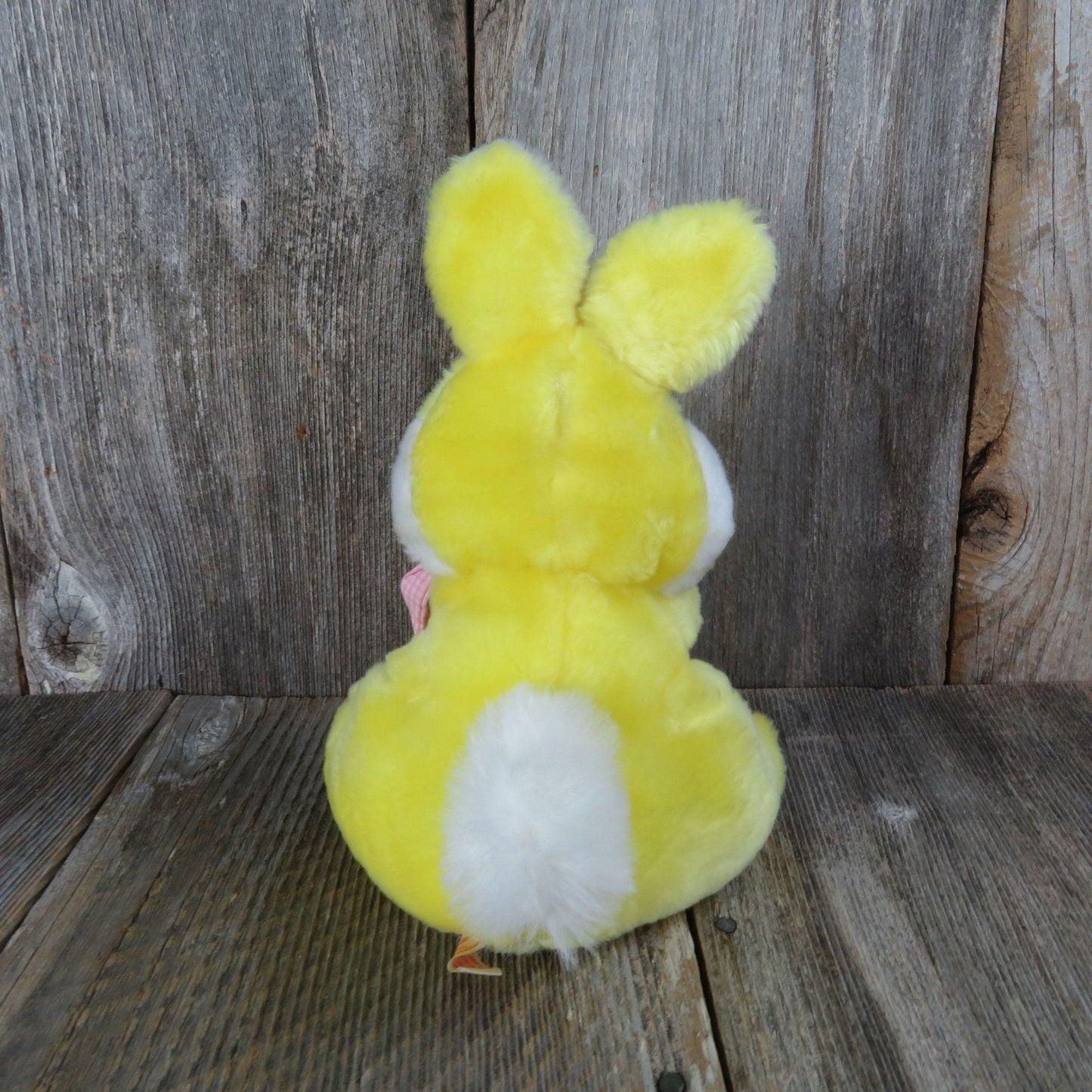 Vintage Yellow Bunny Plush Newman Importing Rabbit Pink Gingham Bow Basket Easter Stuffed Animal Pink Velvet Flocked Nose Made in Korea