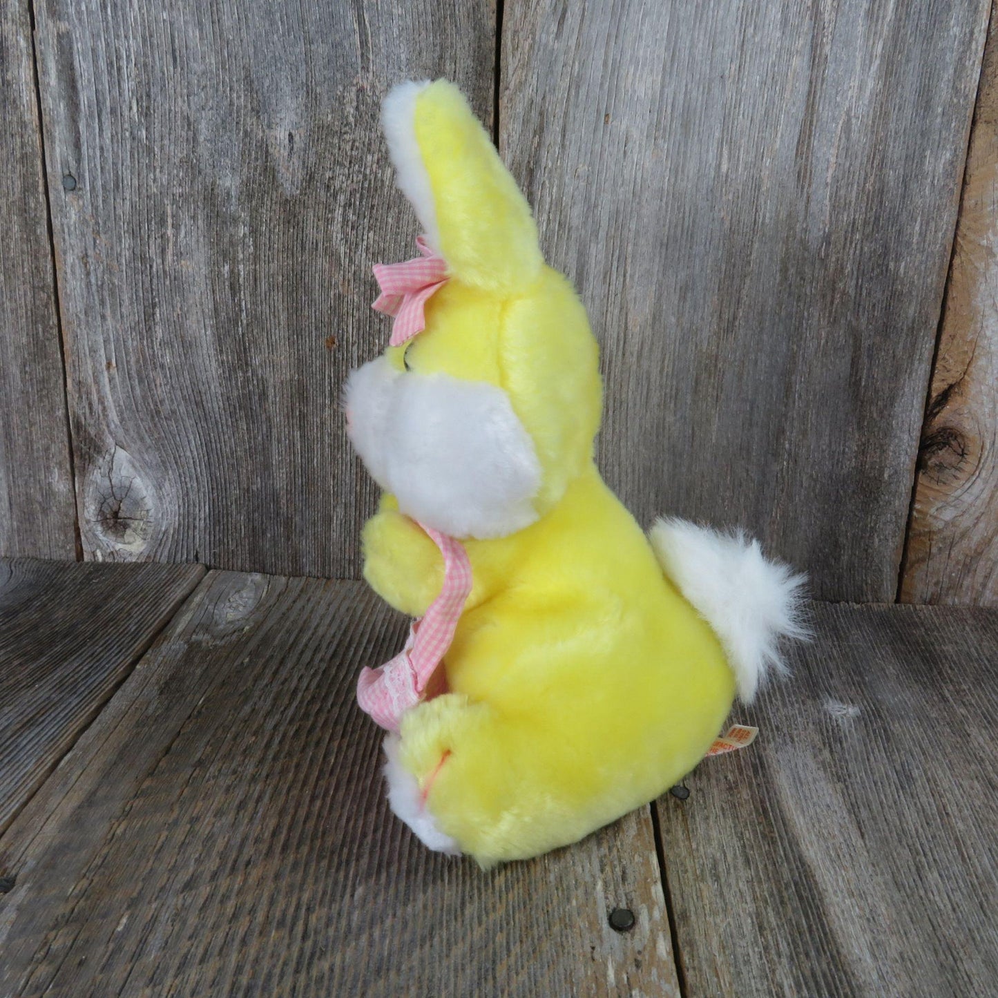 Vintage Yellow Bunny Plush Newman Importing Rabbit Pink Gingham Bow Basket Easter Stuffed Animal Pink Velvet Flocked Nose Made in Korea