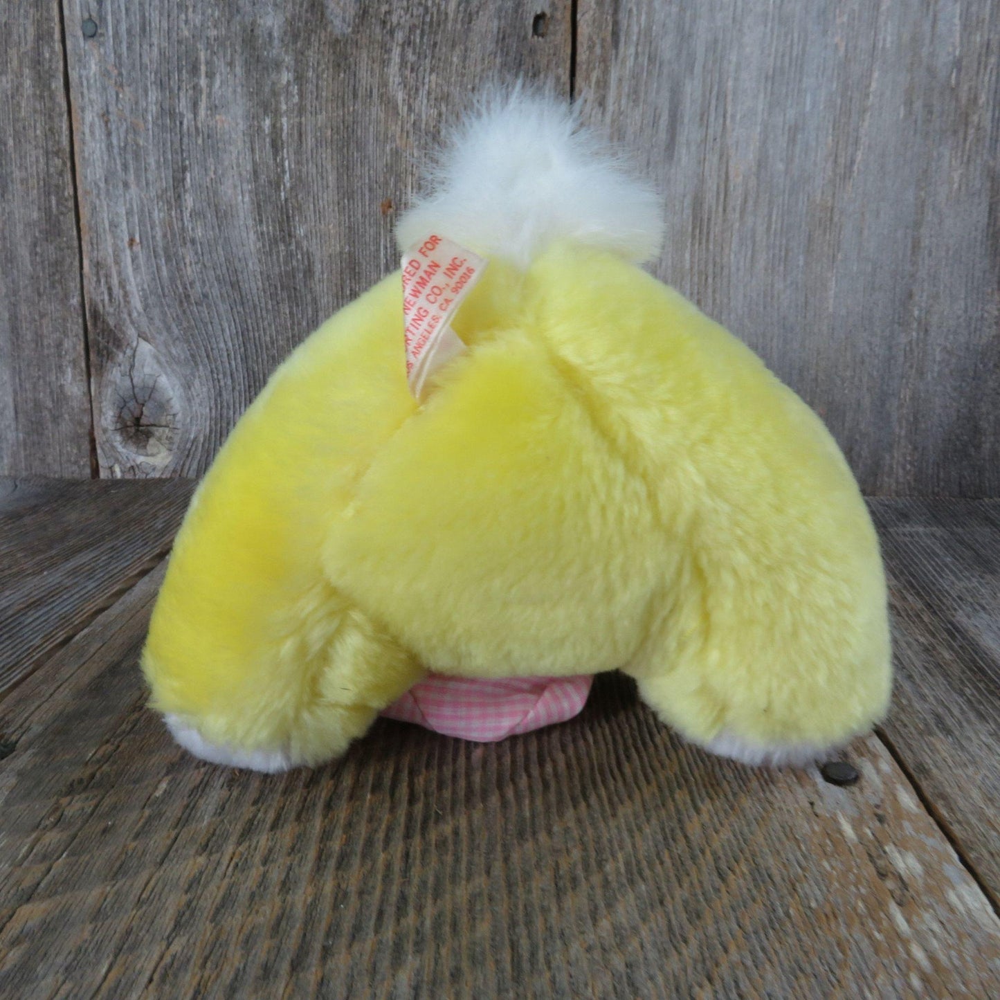 Vintage Yellow Bunny Plush Newman Importing Rabbit Pink Gingham Bow Basket Easter Stuffed Animal Pink Velvet Flocked Nose Made in Korea