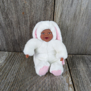 Vintage Bunny Baby Doll Plush African American Anne Geddes Rabbit Suit Stuffed Animal White Pink 1997