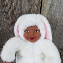 Load image into Gallery viewer, Vintage Bunny Baby Doll Plush African American Anne Geddes Rabbit Suit Stuffed Animal White Pink 1997