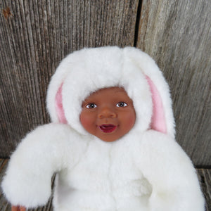 Vintage Bunny Baby Doll Plush African American Anne Geddes Rabbit Suit Stuffed Animal White Pink 1997