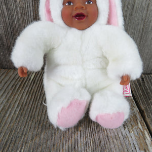 Vintage Bunny Baby Doll Plush African American Anne Geddes Rabbit Suit Stuffed Animal White Pink 1997