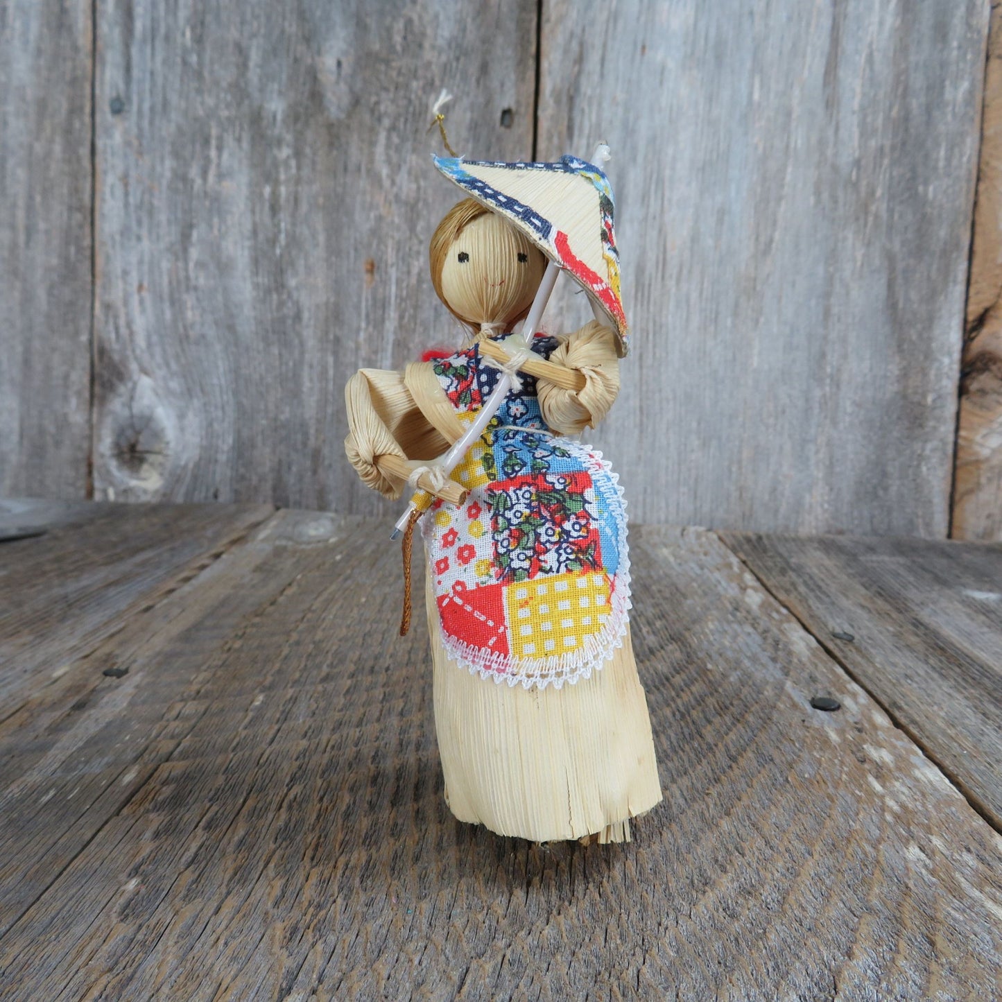 Vintage Corn Husk Doll Ornament Lady with Umbrella Patchwork Apron Christmas