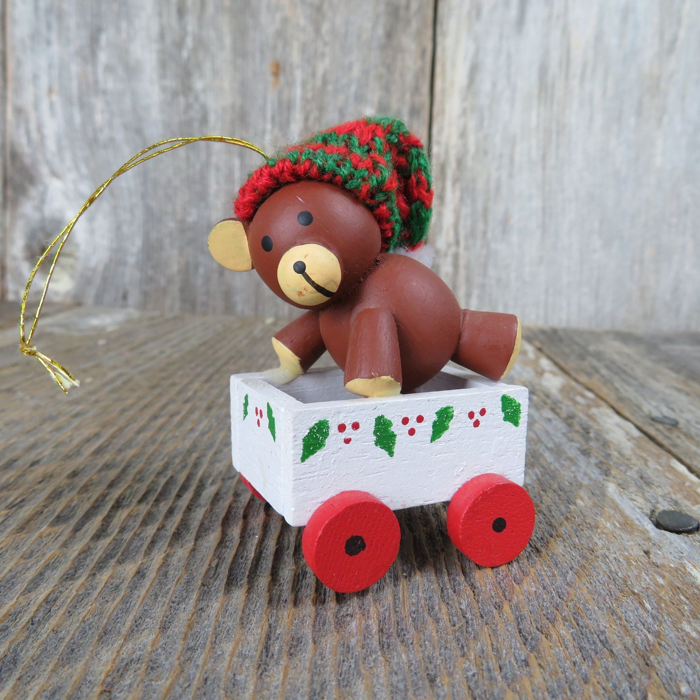 Vintage Teddy Bear with Toy Wagon Wood Christmas Ornament Tree Wooden Knit Hat