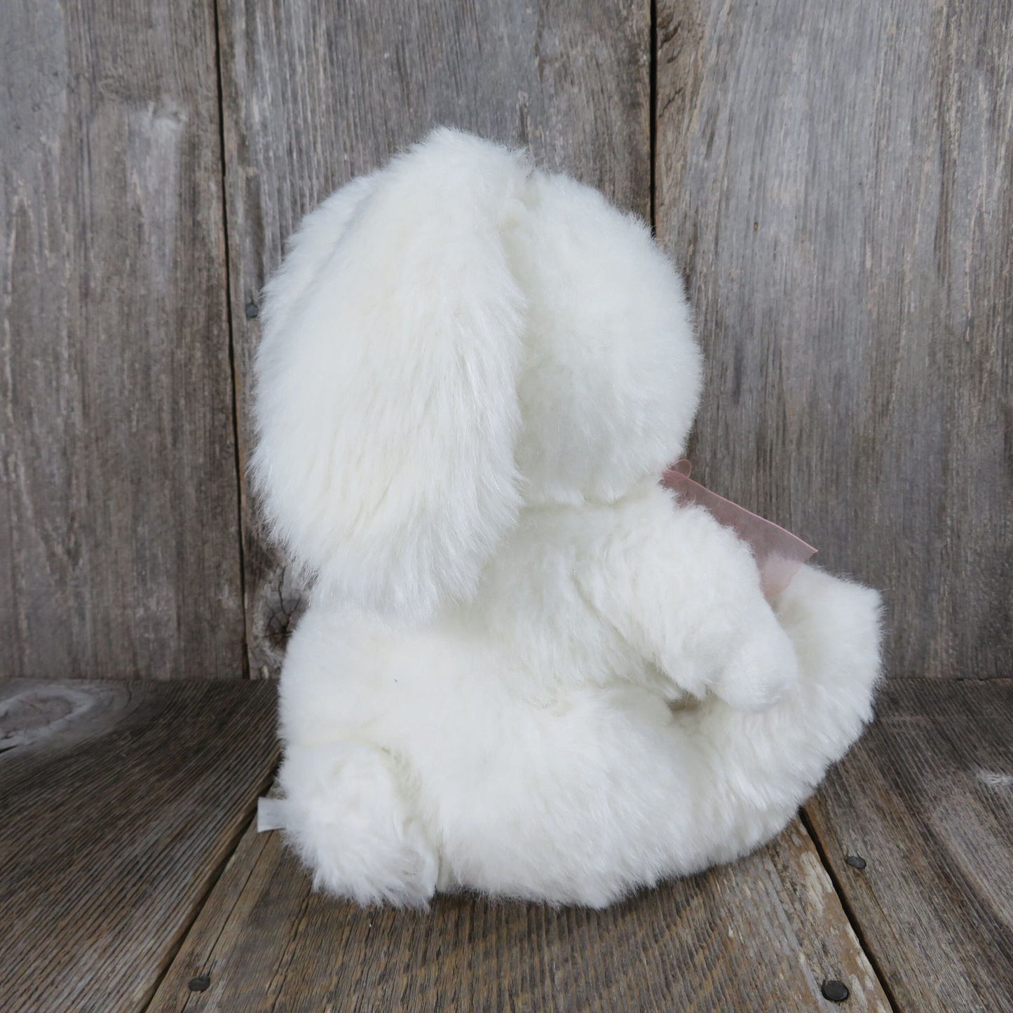 Vintage Bunny Plush White Rabbit Ribbon Pink Flocked Nose Easter Hare Stuffed Animal