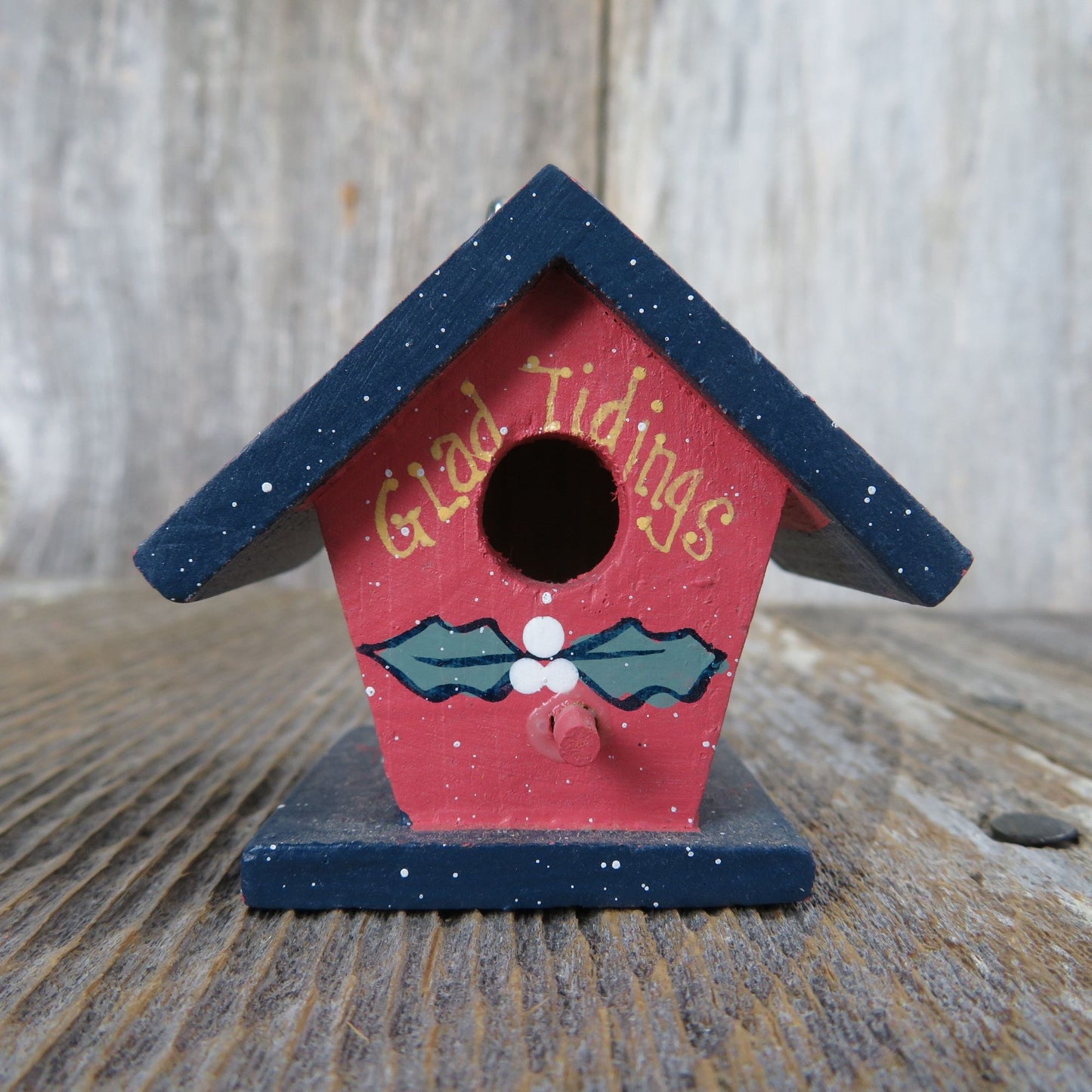 Vintage Birdhouse Wood Ornament Angels Glad Tidings Red Blue Bird Rustic Christmas Country