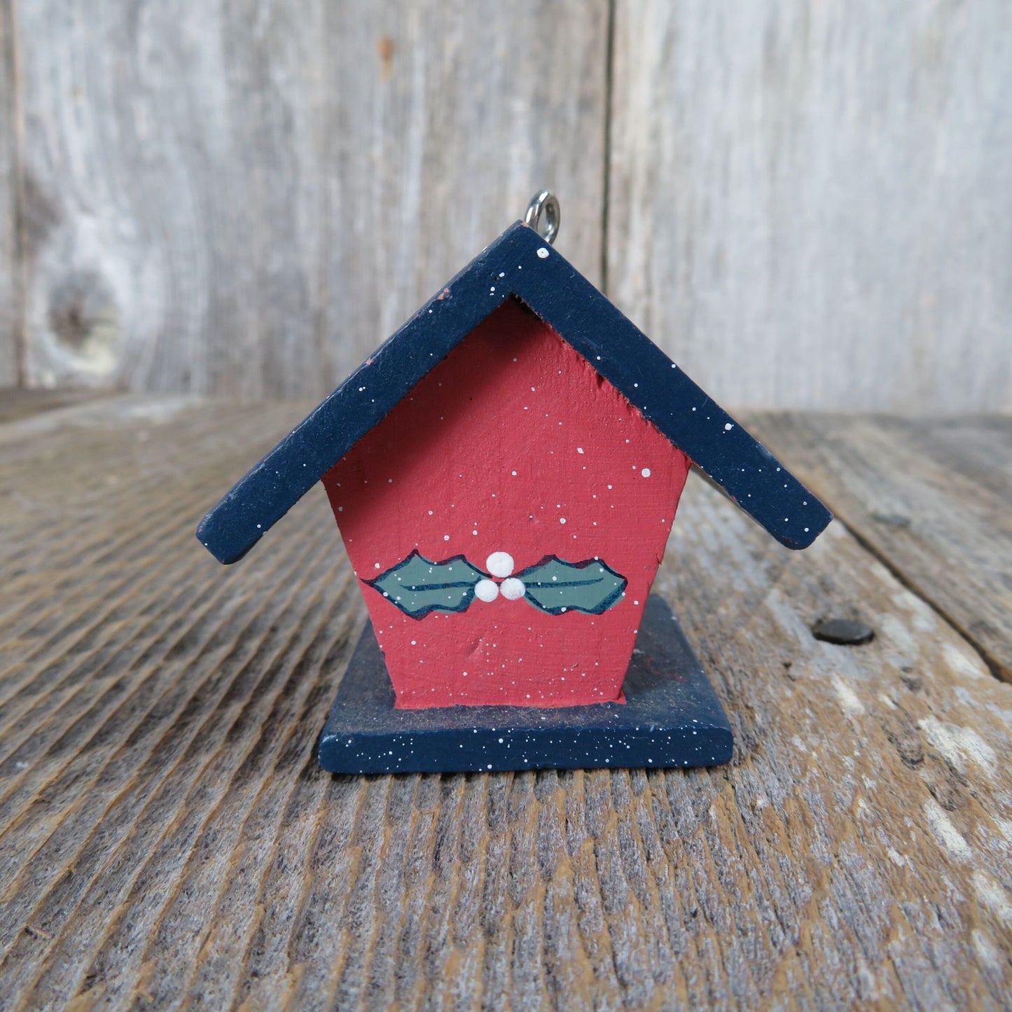 Vintage Birdhouse Wood Ornament Angels Glad Tidings Red Blue Bird Rustic Christmas Country