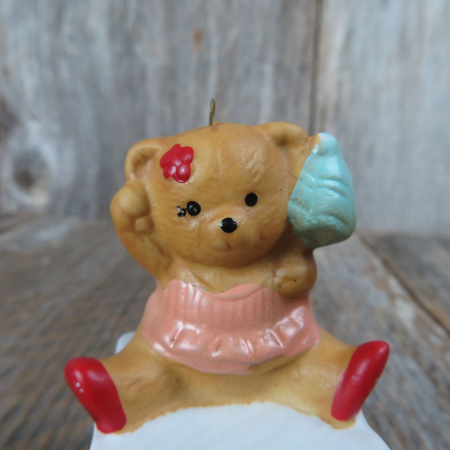 Vintage Bear on Alphabet Block Ornament Girl Pink Dress Ceramic Porcelain Christmas House of Lloyd