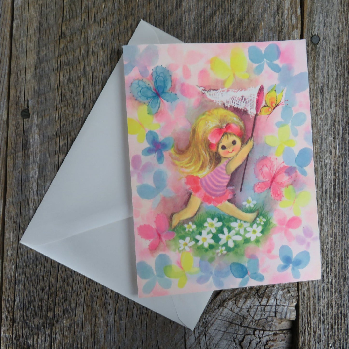 Vintage Caprice Birthday Card Girl Butterfly Net Pink Blue Coronation Collection Greeting