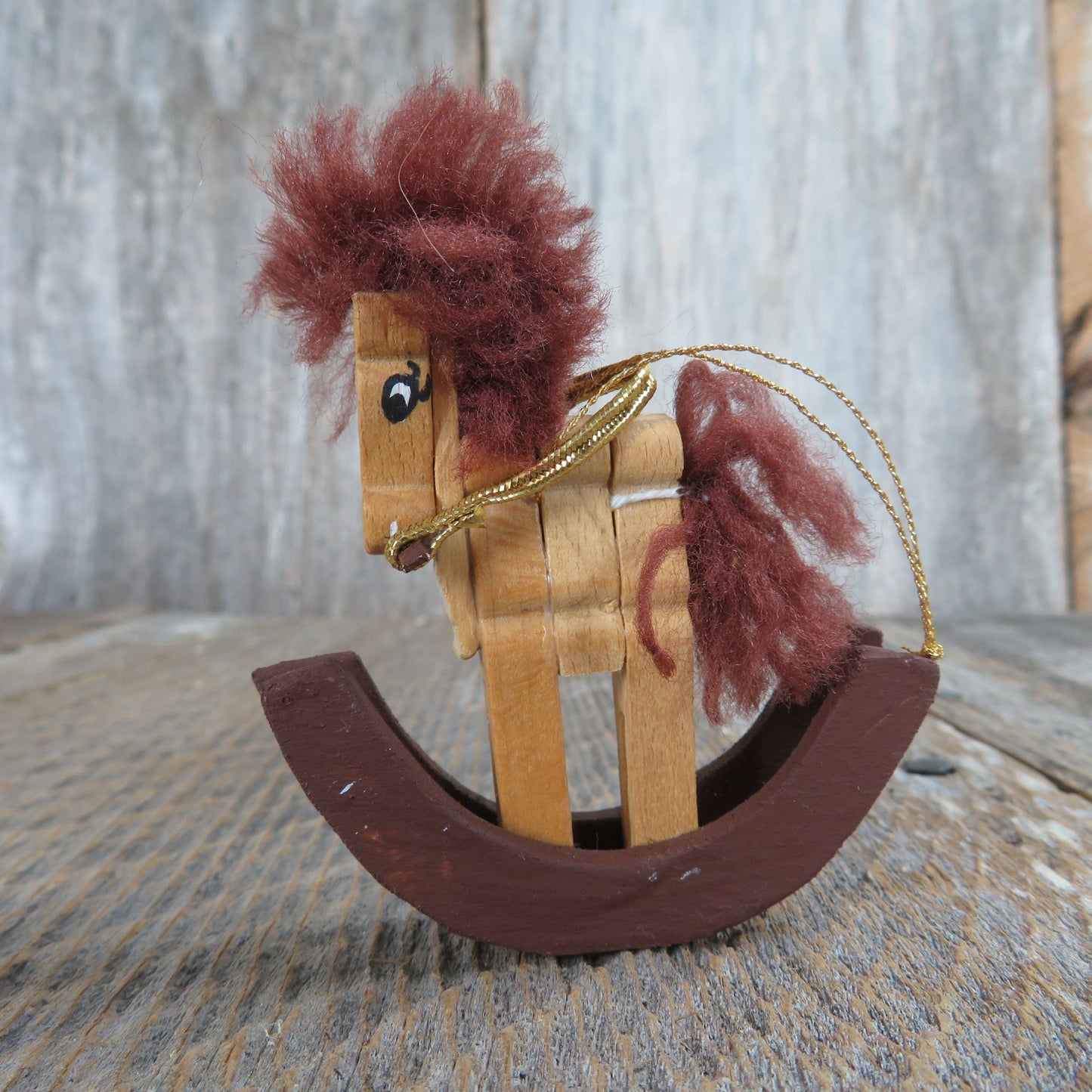 Vintage Rocking Horse Wooden Clothes Pin Ornament Wood Christmas Brown Pony