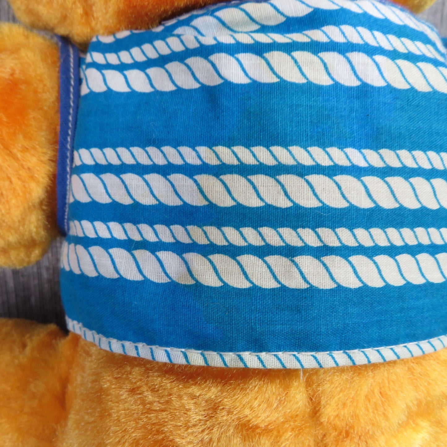 Vintage Teddy Bear Plush Shiny Yellow Orange Stuffed Animal Blue Shirt Pom Pom Nose Soft Foam Filled Eye Brows