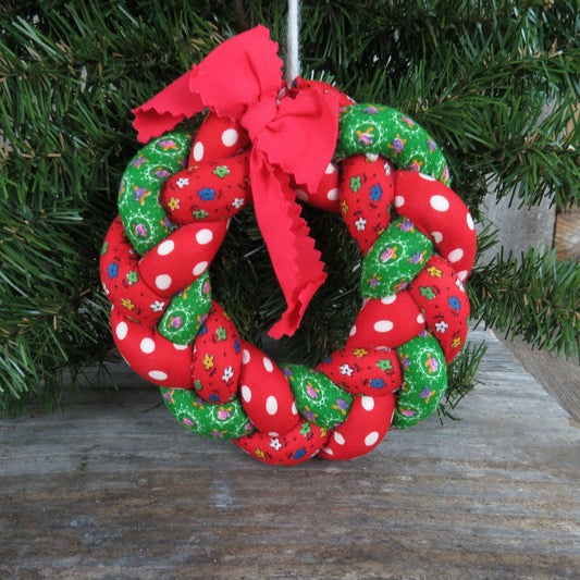 Vintage Fabric Christmas Wreath Ornament Twisted Handmade Red Green Santa Flowers