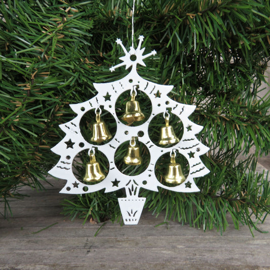 Vintage Painted Brass Tree with Bells Ornament Christmas White Metal Made in Taiwan