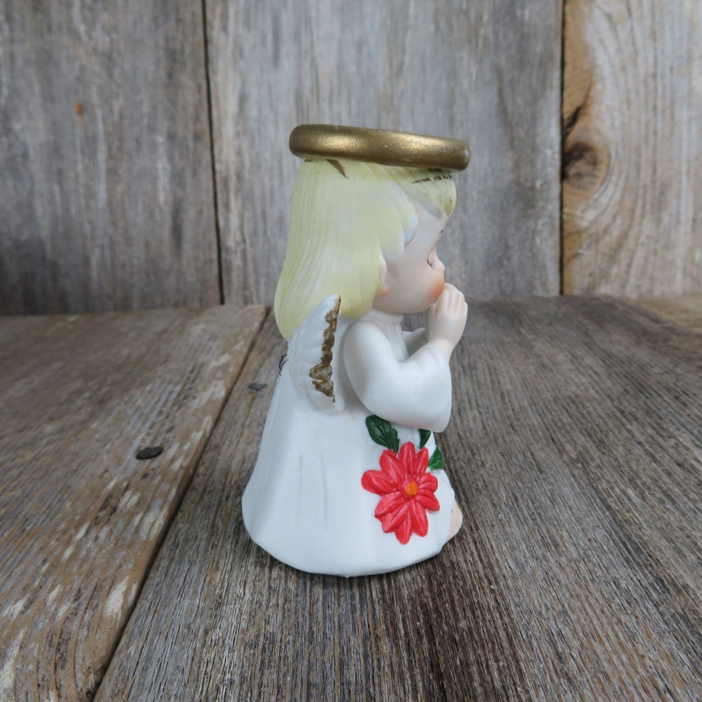 Vintage Christmas Angel Bell Figurine Poinsettia Praying Hands Eyes Closed Made in Tiawan