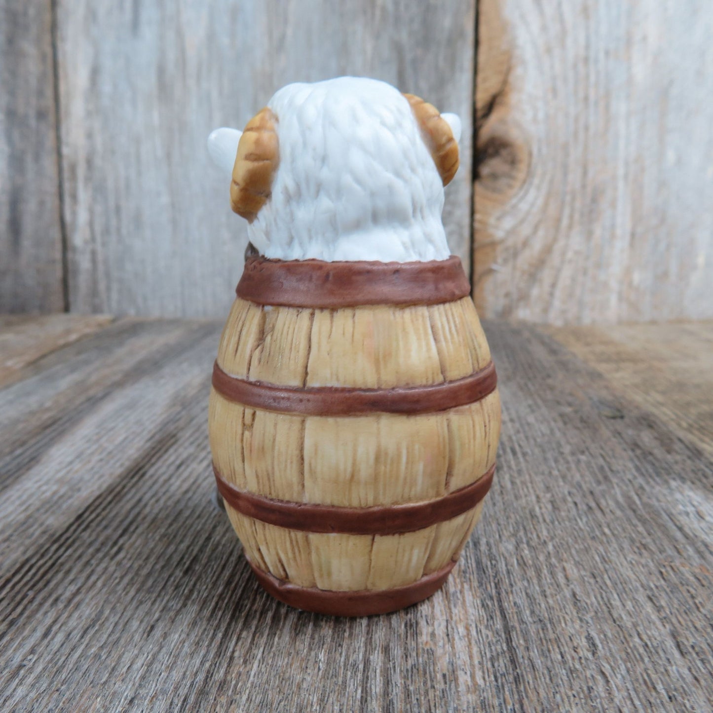 Vintage Sheep in a Barrel Figurine Ram with Horns Wooden Wine Keg Ceramic