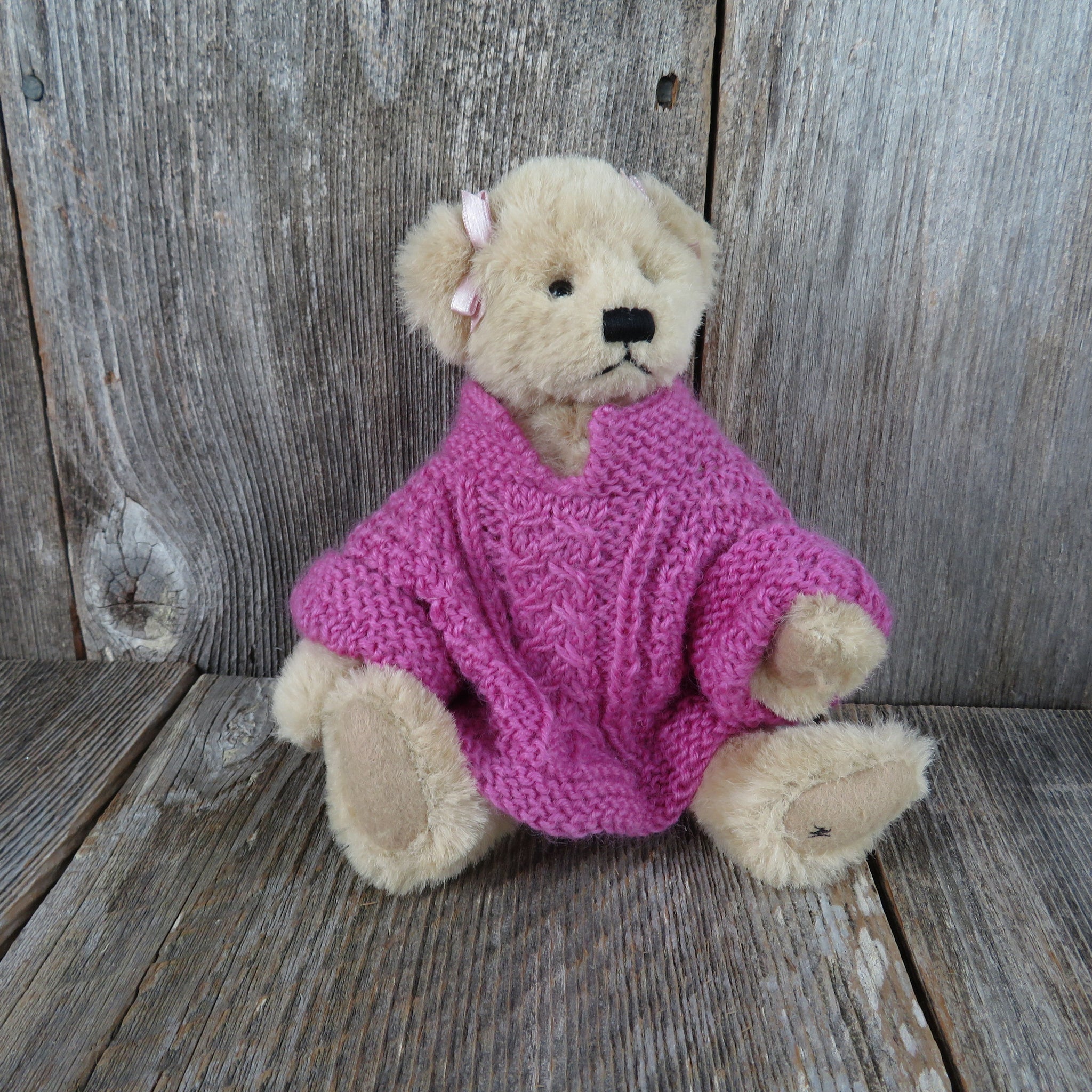 Vintage Teddy Bear Plush Jointed Sweater Bows Ganz Cottage