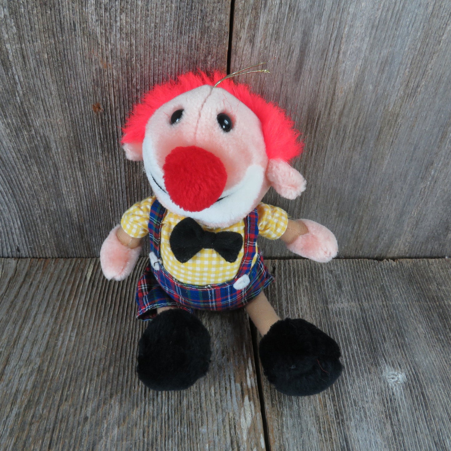 Vintage Clown Plush Doll Red Nose Yellow Shirt Bib Overalls Orange Hair Stuffed Animal