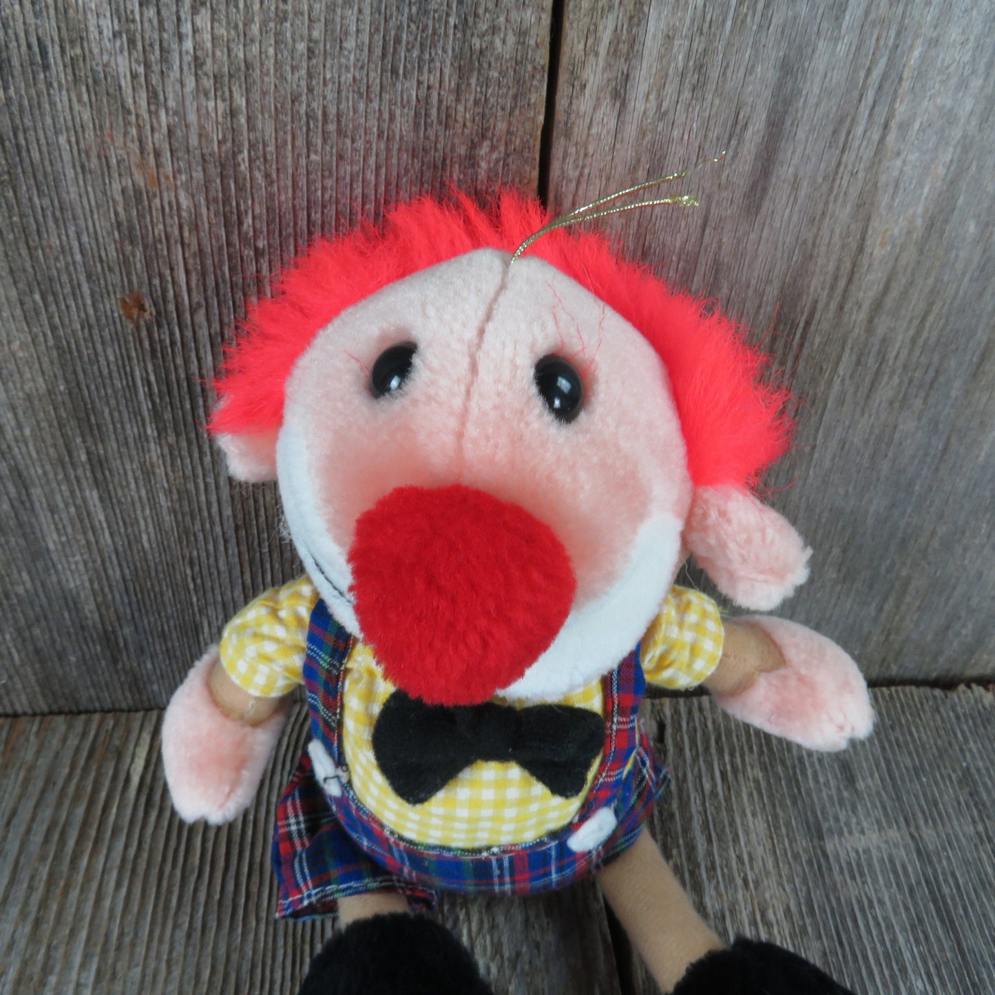 Vintage Clown Plush Doll Red Nose Yellow Shirt Bib Overalls Orange Hair Stuffed Animal