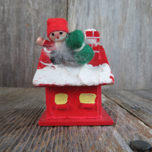 Vintage Red House Wood Ornament Santa On Roof Russ Berrie Christmas Snowman Bag Taiwan