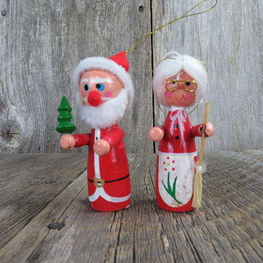 Vintage Mr and Mrs Santa Claus Wood Ornaments Christmas Tree Glasses Tree Felt Hat Yarn Hair